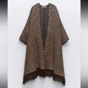 NEW ZARA FRINGED KNIT JACQUARD CAPE
